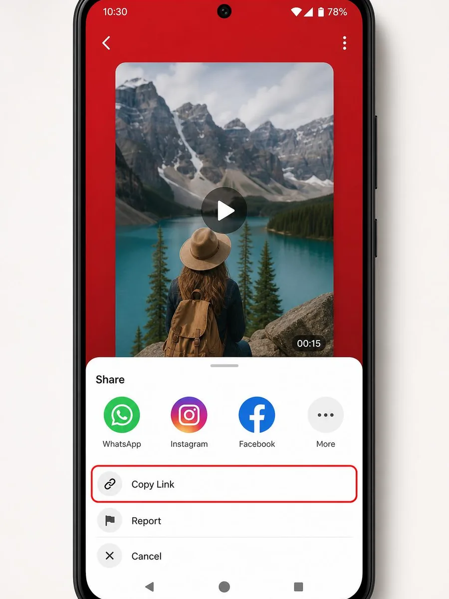 Android Pinterest-style share menu showing Copy Link for a video pin
