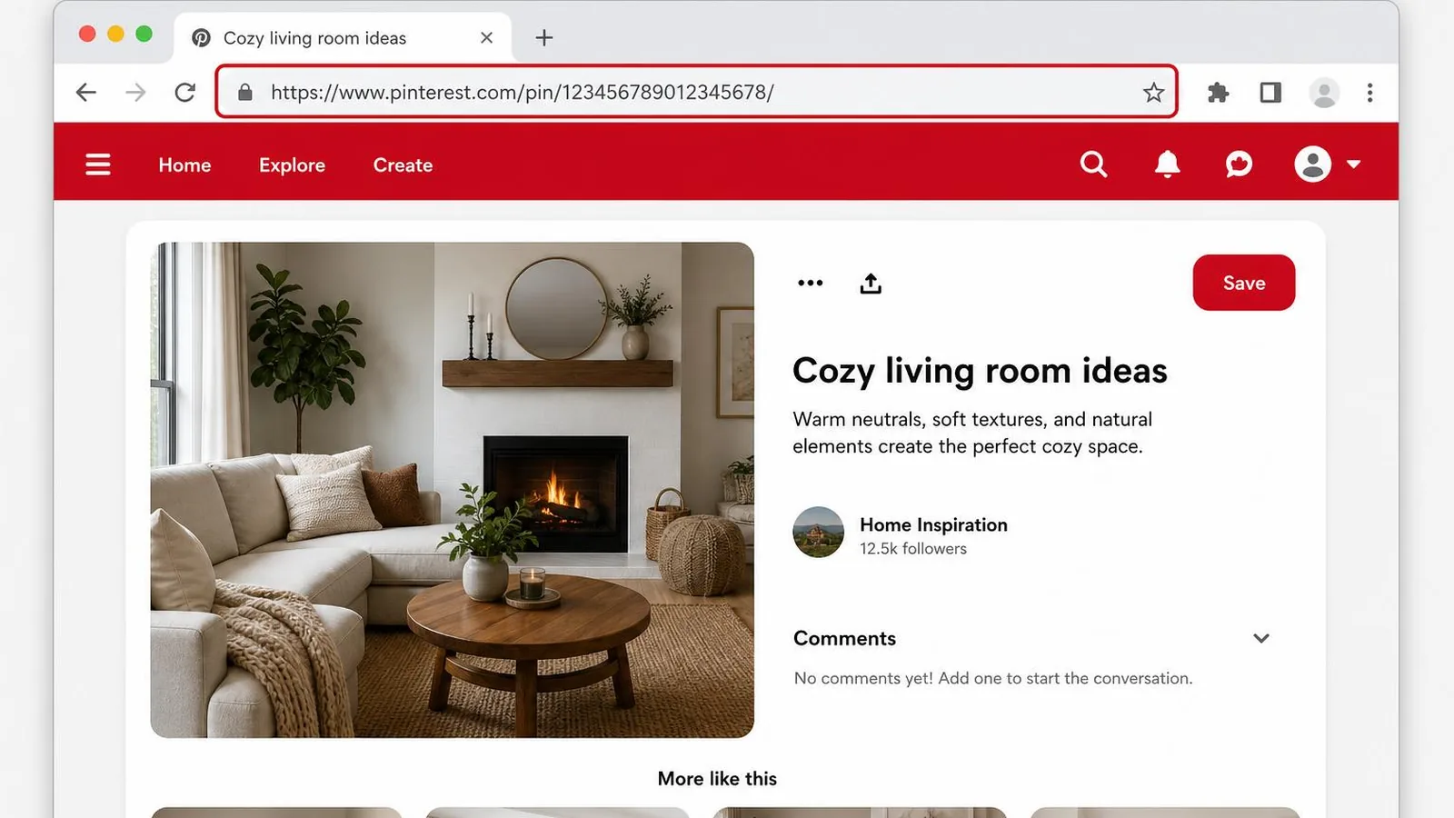 Desktop browser address bar showing a copied Pinterest pin URL