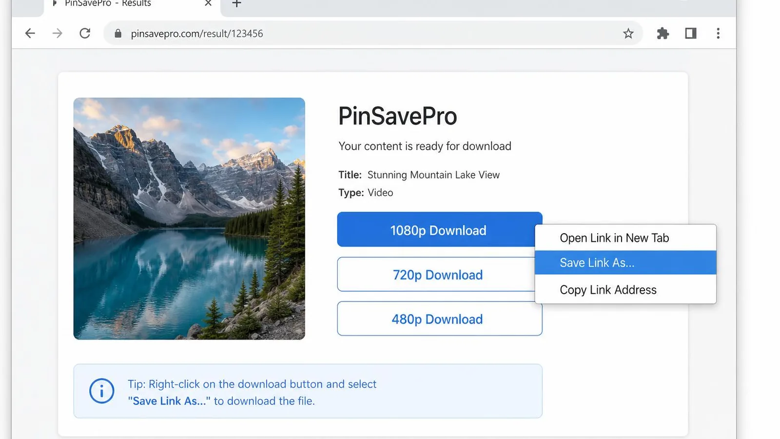 Desktop browser showing Save Link As option for a Pinterest video download