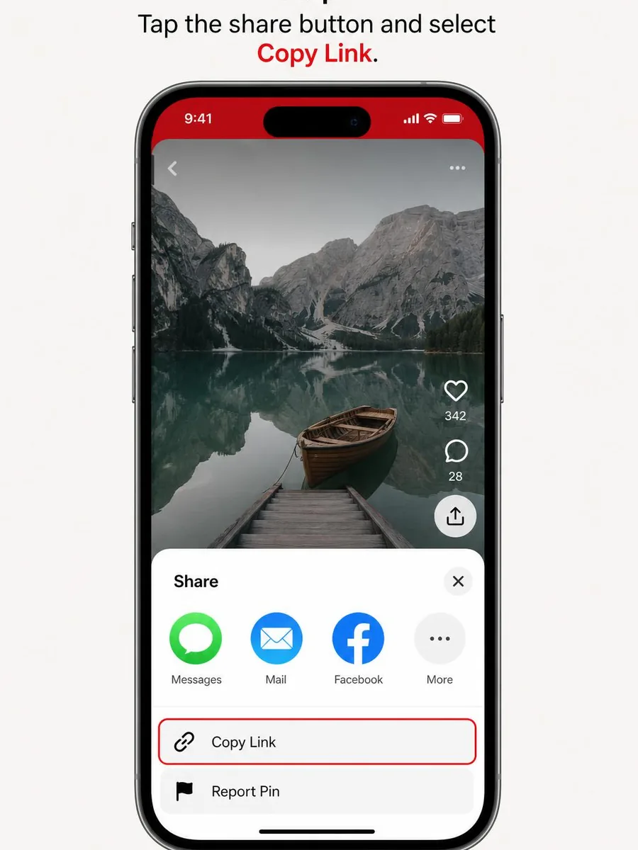 iPhone share menu showing Copy Link option for a Pinterest video pin